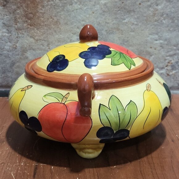 Vintage Ceramic Serving Bowl with Lid Footed Fruit Design - Picture 5 of 10